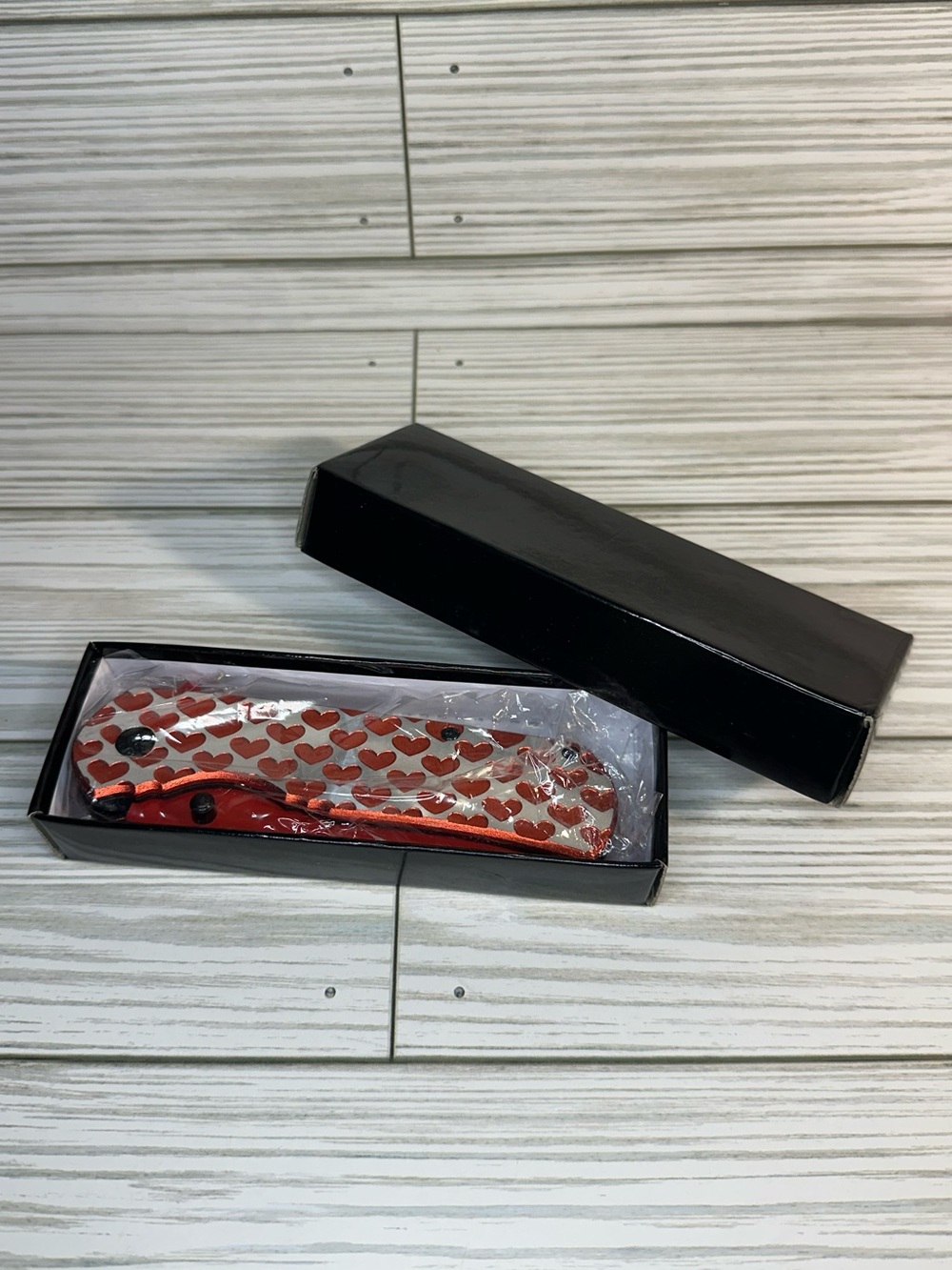 Ladies Red Hearts Tactical Folding Knife in Red and Silver With Black Clip Gift